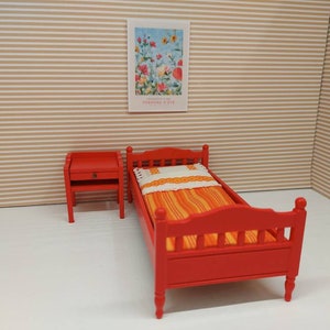 Lundby original wooden bed with sidetable