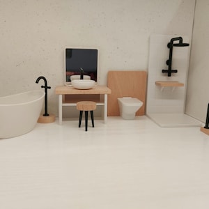 Bathroom set for dollhouse, approximately Lundby size.