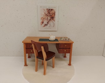 Lundby vintage teak desk and chair with tiny accessories inclusive.