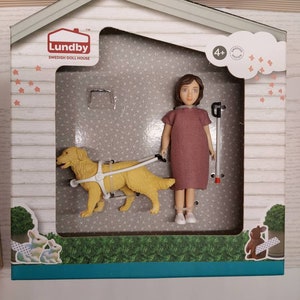 Lundby doll with cane and guide dog, newer production, brand new