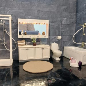 Lundby original complete bathroom set with lights and tiny accessories inclusive.