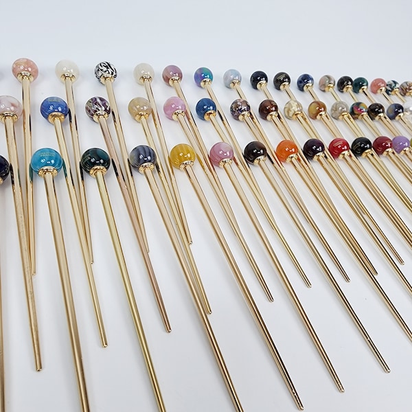 Marble Bright Bead Hair Stick (5.7 Inch) / Vintage Leopard French Hair Pin / Metal Hair Fork for Thick Hair