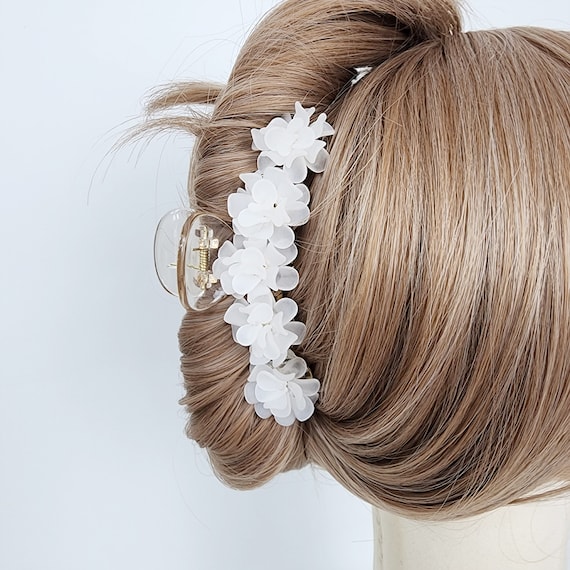 Elegance White Blossom Pearl Large Hair Claw Clip (4.3 Inch 