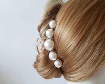 White Big Beaded Pearl Barrette / Vintage Teardrop Hair Claw / Hair Accessory for Woman / Pearl Hair Claw Clip