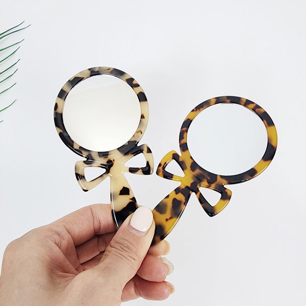 Leopard Bow-Tie Hand Held Mirror (4.7 Inch) / Antique Hand Mirror / Hair Accessory for Woman