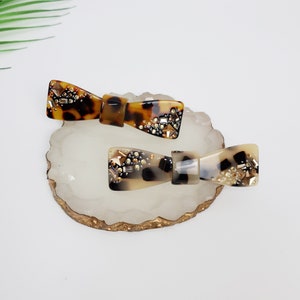Leopard Bow Tie Hair Barrette with Cubic Stone / Tortoise Shell French Hair Pin / Hair Accessory for Woman / Automatic Hair Clip