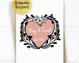 Personalised Anniversary Card, Personalized Wedding Anniversary Card for Husband Wife Him Her Parents Couple, Floral Heart Card