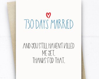 Cartão engraçado de 2º aniversário, cartão de casamento de 730 dias, cartão de aniversário engraçado, marido, esposa, ele, seus dois anos, cartão engraçado de aniversário de casamento