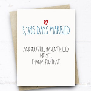 Divertente biglietto del 9 ° anniversario, 3285 giorni di biglietto sposato, divertente biglietto anniversario marito moglie lui la sua carta 9 anni divertente biglietto anniversario di matrimonio