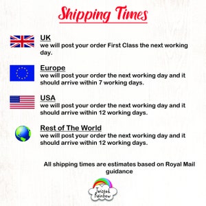 May include: A graphic with shipping times for the United Kingdom, Europe, the United States, and the rest of the world. The graphic includes flags for each region and text describing the estimated shipping times.