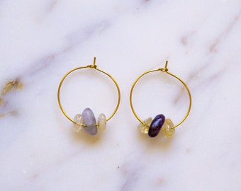 Libra Crystal Earrings, Silver & Gold Zodiac Earrings, Citrine | Amethyst Crystal Earrings, Small Crystal Dangle Hoop, Libra Crystal Healing