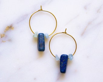 Pisces Crystal Earrings, Silver & Gold Zodiac Earrings, Raw Lazurite | Aquamarine Crystal Earrings, Small Crystal Dangle Hoop, Pisces Stone