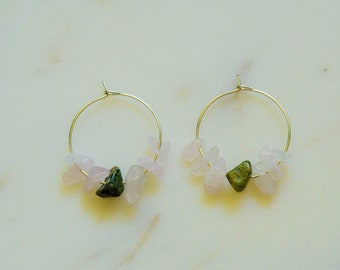 Rose Quartz & Unakite Jasper Crystal Gold / Silver Hoop Earrings, Raw Stone Earrings, Handmade Small Crystal Hoops, Crystal Aura Healing