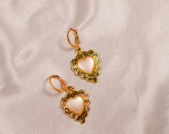 Pearl Heart Hoops |heart hoops, small heart earrings, heart earrings, valentines, heart jewelry, vintage heart, locket, hoops, huggie hoops|