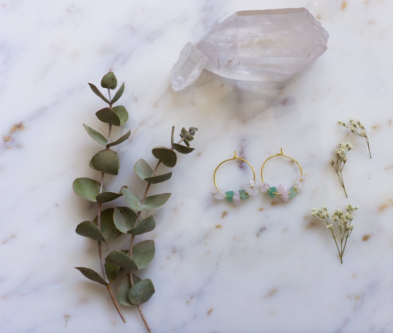 Rose Quartz & Aventurine Crystal Gold Hoop Earrings, Raw Stone Earrings, Small Hoops, Quartz Earrings, Crystal Jewelry, Raw Crystal Earring image 2