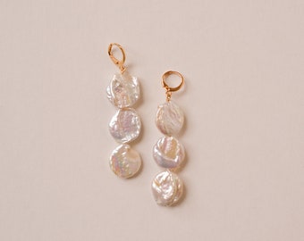 Freshwater Pearl Earrings |freshwater coin pearl, pearl earrings, pearl jewelry, aesthetic, hoop earring, wedding jewelry, wedding earrings|