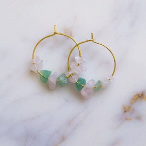 Rose Quartz & Aventurine Crystal Gold Hoop Earrings, Raw Stone Earrings, Small Hoops, Quartz Earrings, Crystal Jewelry, Raw Crystal Earring image 1