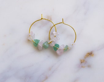 Rose Quartz & Aventurine Crystal Gold Hoop Earrings, Raw Stone Earrings, Small Hoops, Quartz Earrings, Crystal Jewelry, Raw Crystal Earring