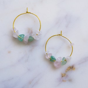 Rose Quartz & Aventurine Crystal Gold Hoop Earrings, Raw Stone Earrings, Small Hoops, Quartz Earrings, Crystal Jewelry, Raw Crystal Earring image 5