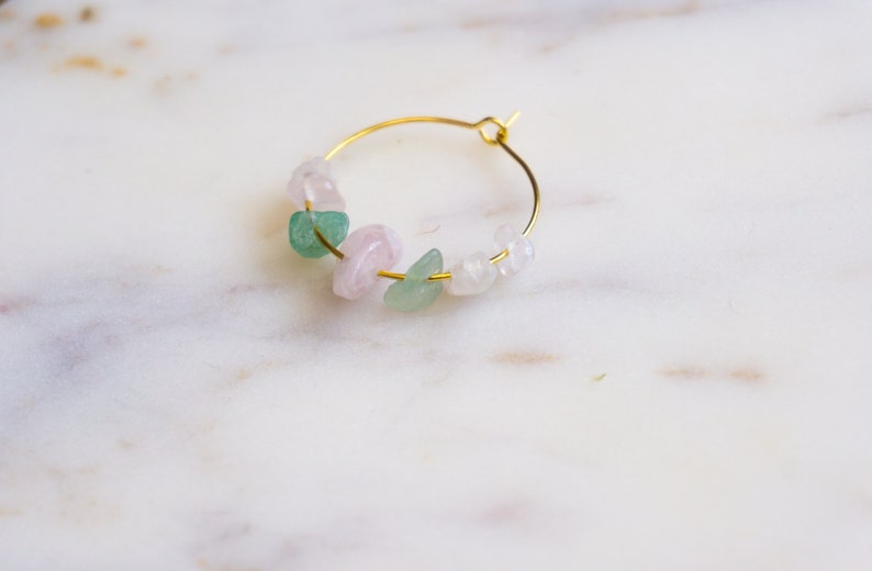 Rose Quartz & Aventurine Crystal Gold Hoop Earrings, Raw Stone Earrings, Small Hoops, Quartz Earrings, Crystal Jewelry, Raw Crystal Earring image 7