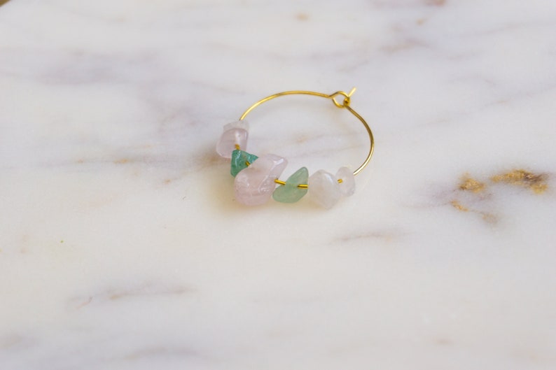 Rose Quartz & Aventurine Crystal Gold Hoop Earrings, Raw Stone Earrings, Small Hoops, Quartz Earrings, Crystal Jewelry, Raw Crystal Earring image 6