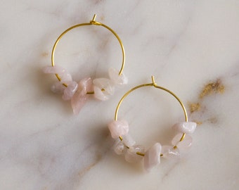 Raw Rose Quartz Crystal Silver & Gold Hoop Earrings, Raw Stone Earrings, Hoops, Rose Quartz Earrings, Crystal Jewelry, Raw Crystal Earring