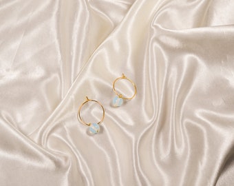 Moonstone Opal Silver & Gold Hoop Earrings, Crystal Earrings, Small Hoops, Moonstone Earrings, Crystal Jewelry, Crystal Earrings