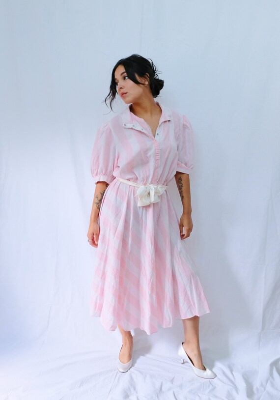 Pink & White Striped Puff Sleeve Dress