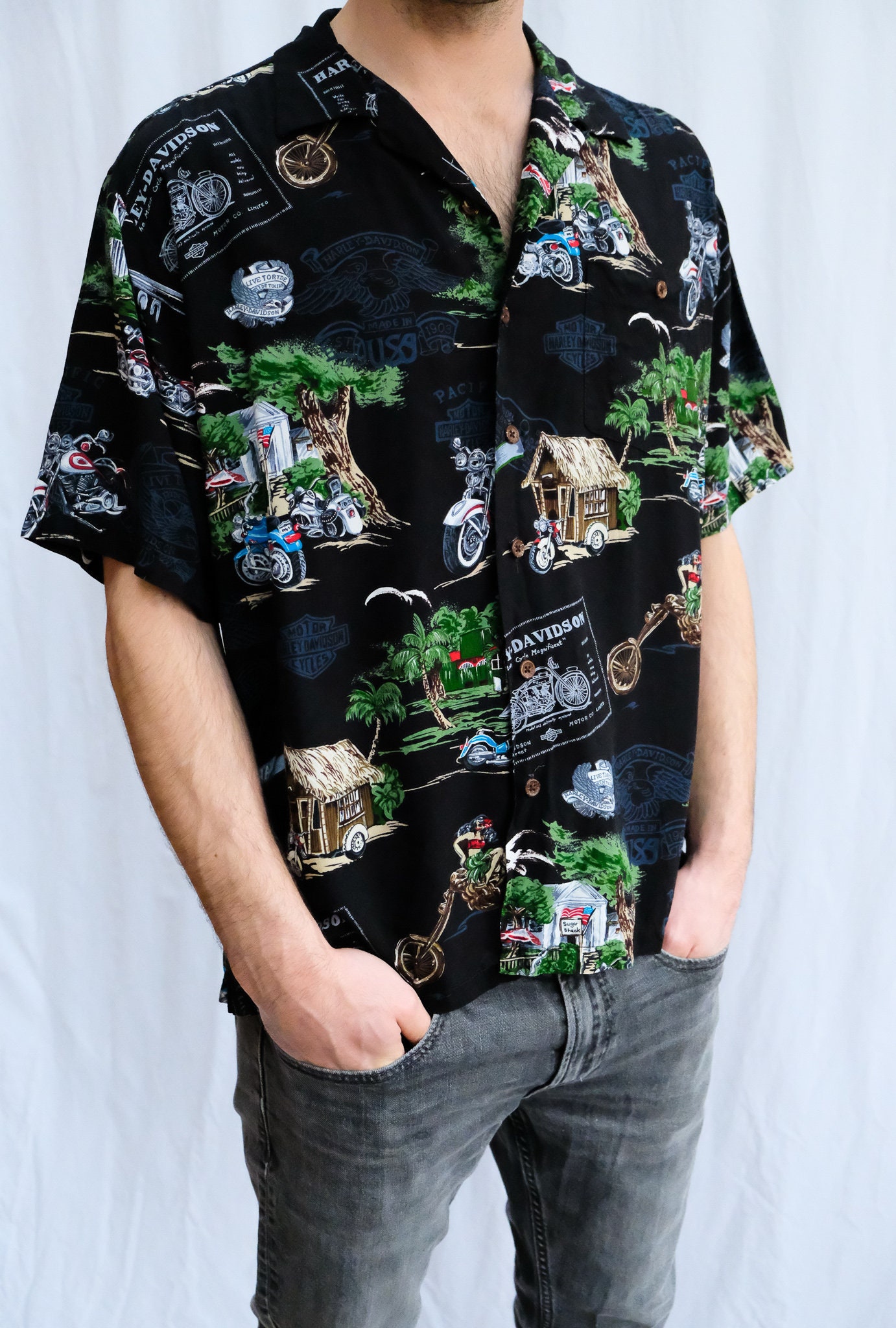 harley davidson hawaiian dress shirts Harley-Davidson Men's Hula Black Aloha Shirt Black L