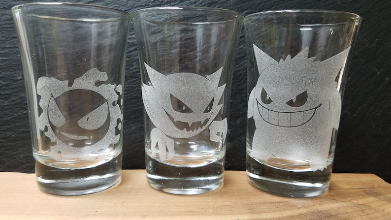 Pokemon Gastly Haunter Gengar Laser Etched Shot Glasses Set Pokemon Gastly Haunter Gengar Laser Etched Shot Glasses Set