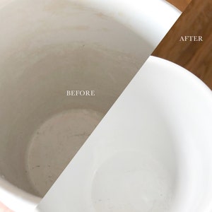 K&ouml;nnte beinhalten: Vorher-Nachher-Bild, das eine wei&szlig;e Keramiktasse mit einem braunen Fleck im Inneren zeigt. Die Tasse ist nach dem Reinigen sauber und wei&szlig;.