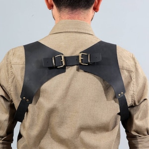 Handmade Black Leather Suspender: Unisex Wedding Groom Braces