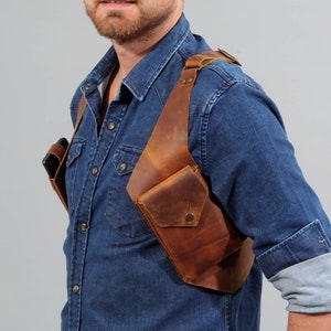 Bolso de cuero, bolso de festival unisex, bolso de hombro de camello, bolso hipster, bolso de pecho, bolsillo de festival, hombre ardiente, bolsillo de doble funda