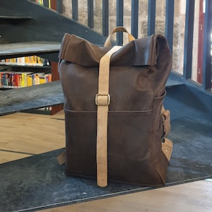 Handmade Leather Rolltop Backpack: Unisex Travel Daypack