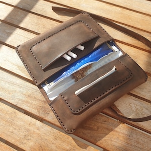 Personalized Brown Leather Tobacco Pouch, Handmade Leather Tobacco Case, Handcrafted Rolling Tobacco Bag, Minimalist Corded Cigarette Case