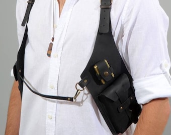 Leather Zippo Holster, Black Cigarette and Wallet holster Bag, Black Festival bag, Hipster bag, Burning Man Holster, Double Holster Pocket