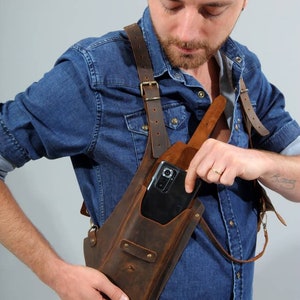 Handmade Leather Holster Bag, Brown Leather Shoulder Bag, Leather Festival Bag, Burning man Holster, Leather Harness Bag, Double Holster Bag