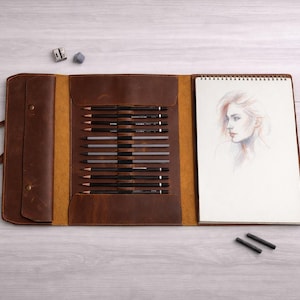 Handmade Leather Sketchbook Cover | A4 & A5 Artist Journal Case | Leather Notebook Cover with Pencil Holder | Architecture Field Rendering
