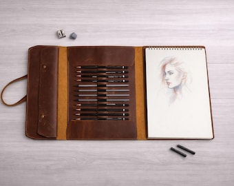 Capa de couro artesanal para caderno de desenho | Estojo para diário de artista A4 e A5 | Capa de couro para caderno com porta-lápis | Ilustração de campo para arquitetura