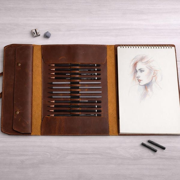 Handmade Leather Sketchbook Cover | A4 & A5 Artist Journal Case | Leather Notebook Cover with Pencil Holder | Architecture Field Rendering