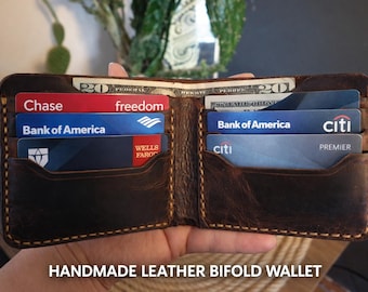 Handmade Leather Bifold Wallet for Men, Slim Minimalist Leather Wallet, Personalized Gift for Him