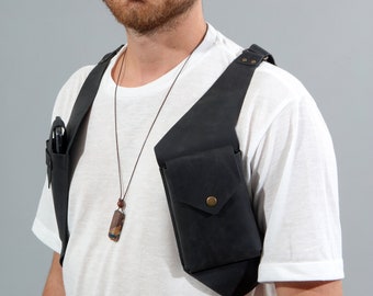 Leather Holster Bag, Unisex Festival Bag, Black Shoulder bag, Hipster bag, Chest Bag, Festival Pocket, Burning Man, Double Holster Pocket