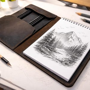 Compact Leather Sketchbook Cover A5 with Pencil Holder – Minimal Artist Notebook Sleeve – Travel Drawing Journal Case – Gift for Artist