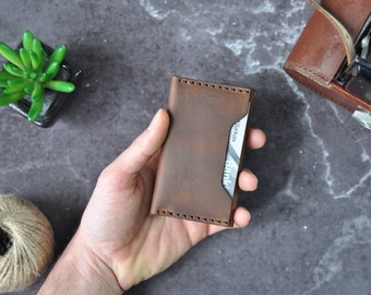 May include: A brown leather wallet with a card slot and stitching detail. The wallet is held in a hand.