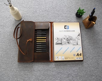 Handmade Genuine Leather Sketchbook Cover, A4 & A5 Sketch Pad Cover with Pen Storage, Personalized Artists Gifts, Drawing Book Case