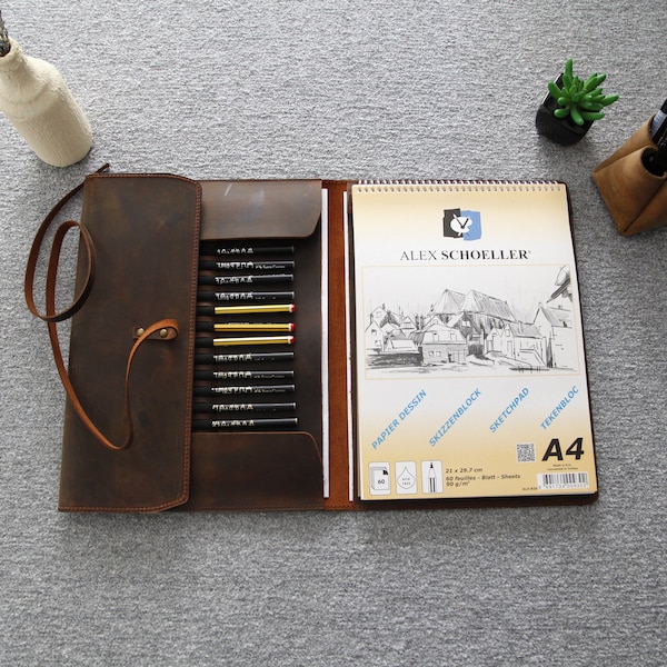 Handmade Genuine Leather Sketchbook Cover, A4 & A5 Sketch Pad Cover with Pen Storage, Personalized Artists Gifts, Drawing Book Case