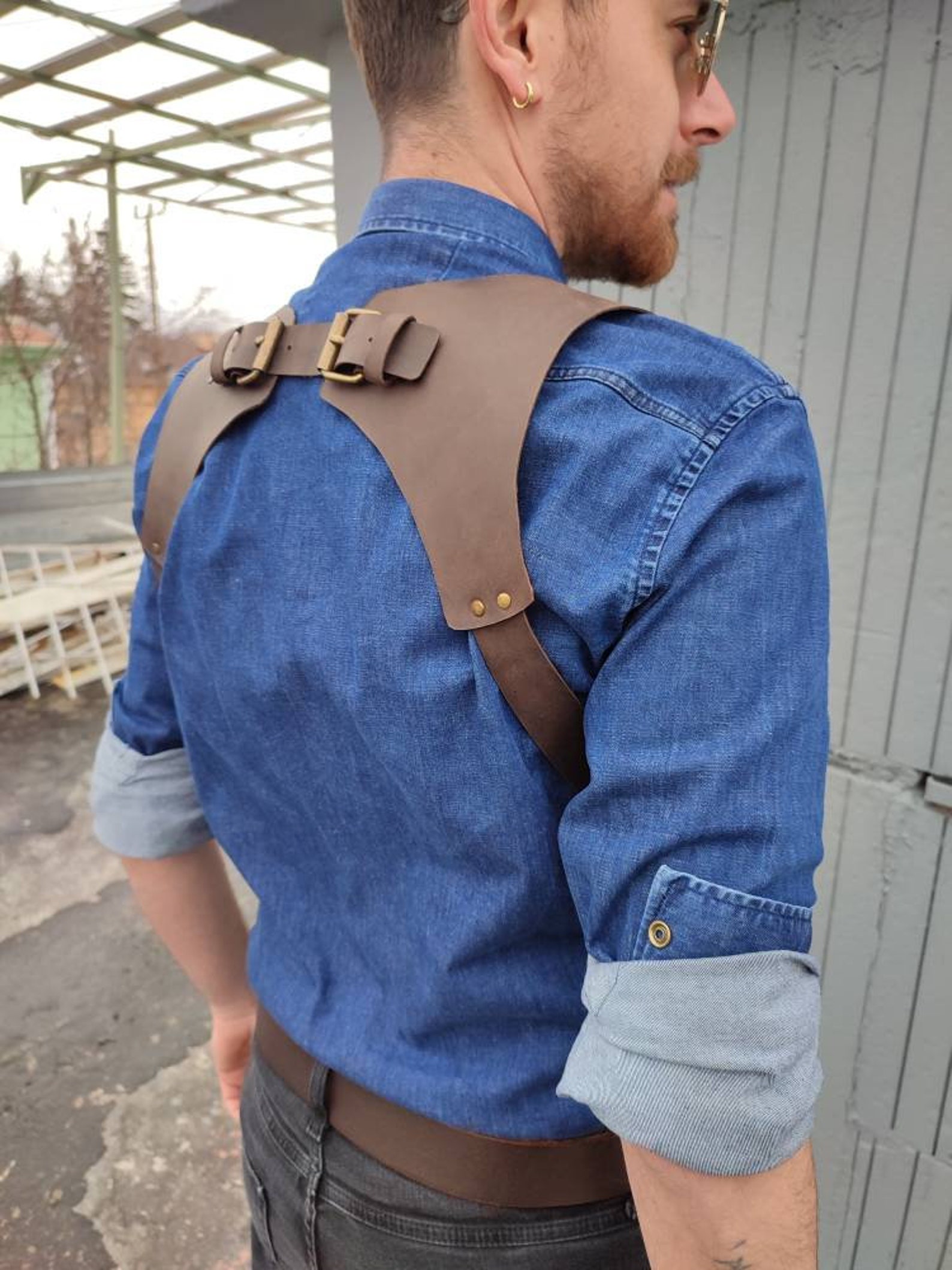 Unisex Leather Suspender Brown Leather Suspender Adjustible Etsy