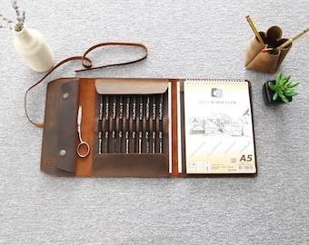 Handmade Leather Journal Cover | A4 & A5 Notebook Organizer | Personalized Crazy Horse Leather Artist Gift with Pencil Case