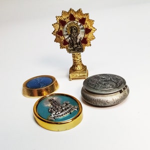 From 1940s Religious vintage finds, choice of one, Virgin figurine, 1940s box from Lourdes, Fatima magnet, Auxilium Christianorum magnet