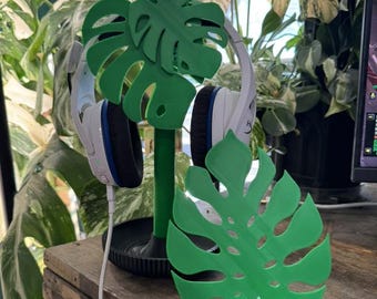 Monstera Headphone and Phone Stand – Green Leaf Desk Organizer